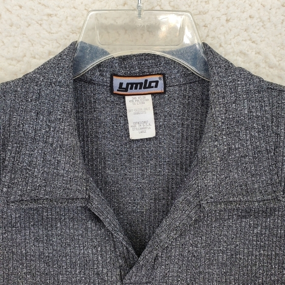 Vtg YMLA Polo Shirt Mens L Dark Gray Heathered Ribbed Short Sleeve USA Made 90s - Picture 5 of 11